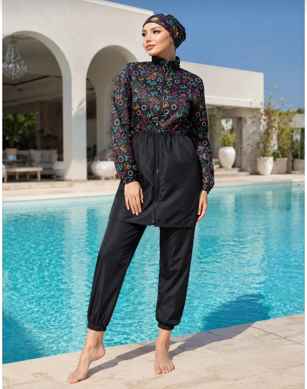 trendlina Mihrimah Beli 3-Piece Fully Covered Hijab Swimsuit Burkini Made
of Water-Repellent Fabric with Adjustable Elastic