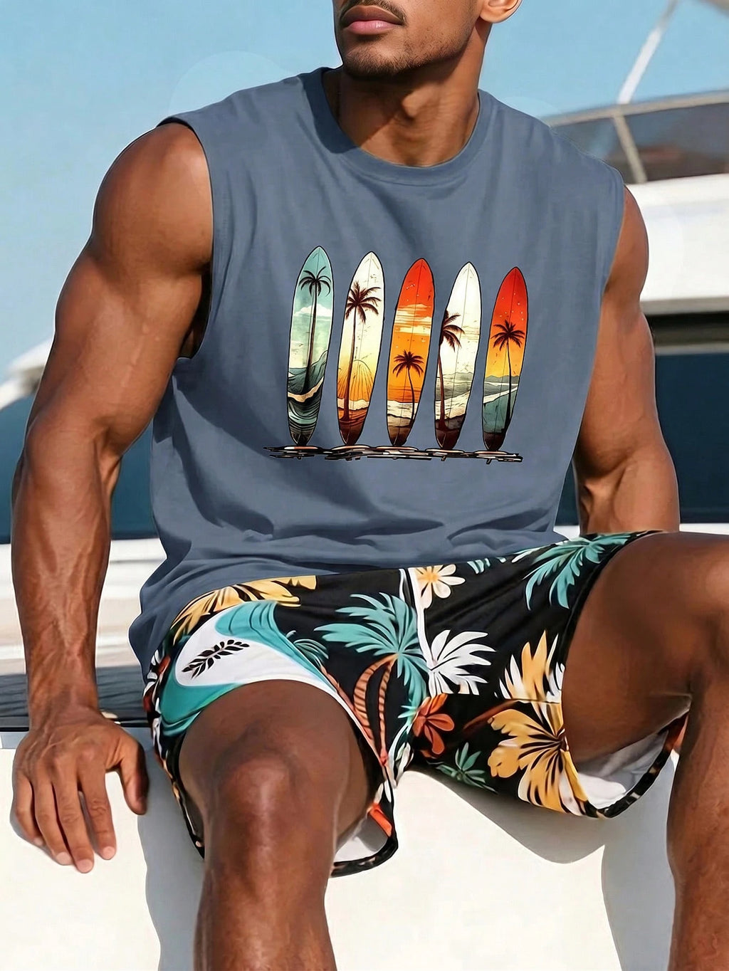 1pc Men's Summer Printed Round Neck Casual Tank Top
