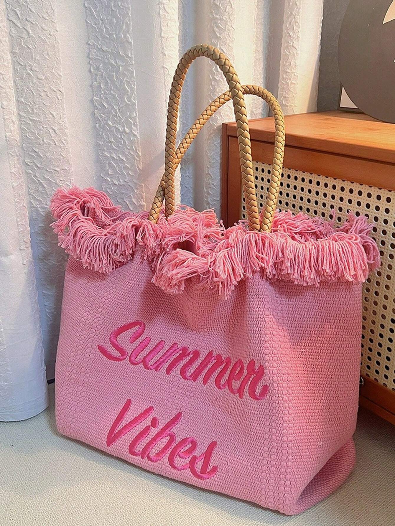 Fashionable Large Capacity Letter Tassel Canvas Tote Bag, Minimalist Commuter & Shopping Shoulder Bag