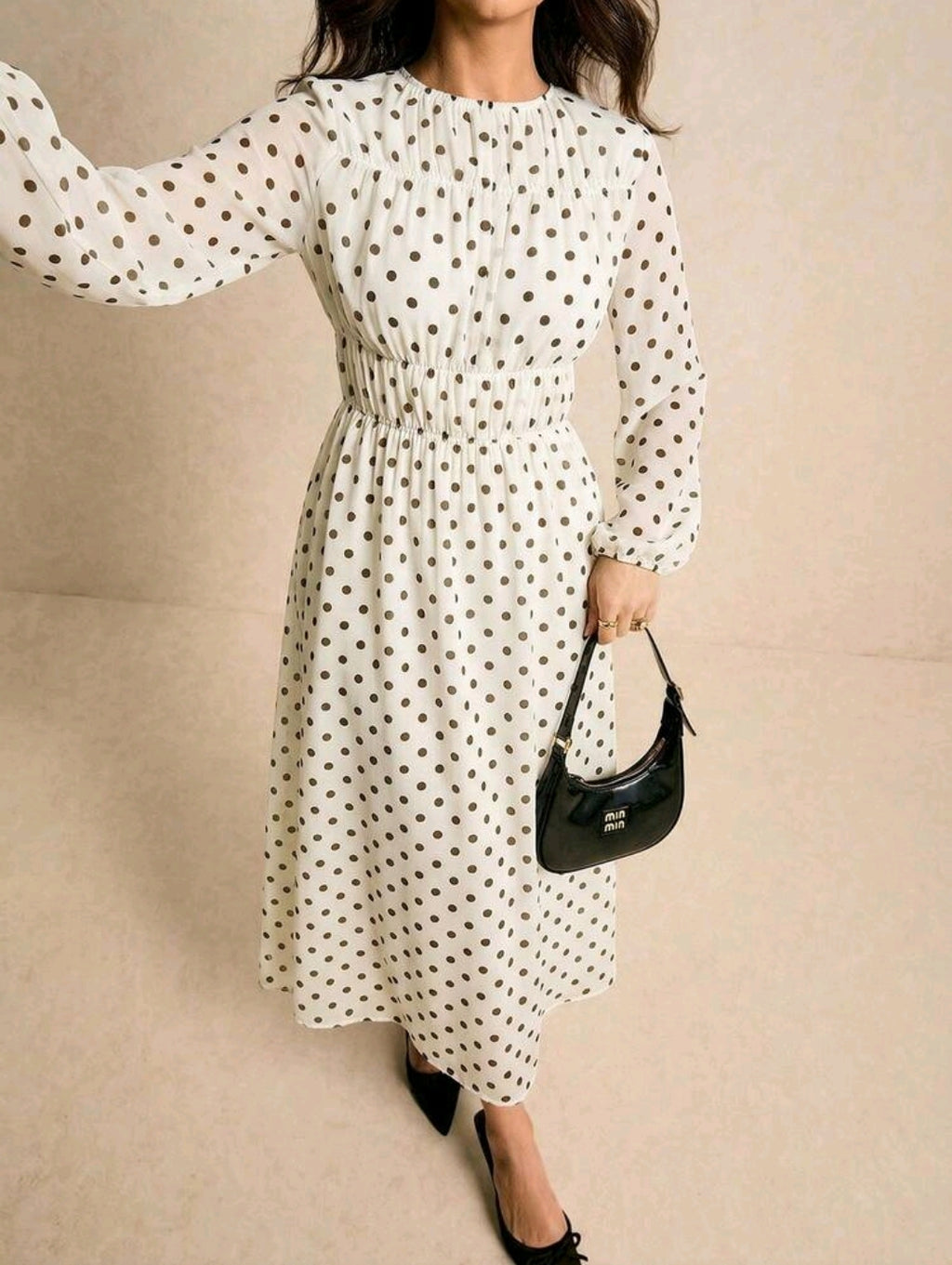 Poéselle Women's Polka Dot Print Round Neck Lantern Sleeve Ruched Long Dress, Brown Dress,Legant Dresses For Women,New Year Dress Women ,Casual Outfit For Women,Old Money Style, Suitable For Daily Wear, Going Out, Commuting,Fall/Winter