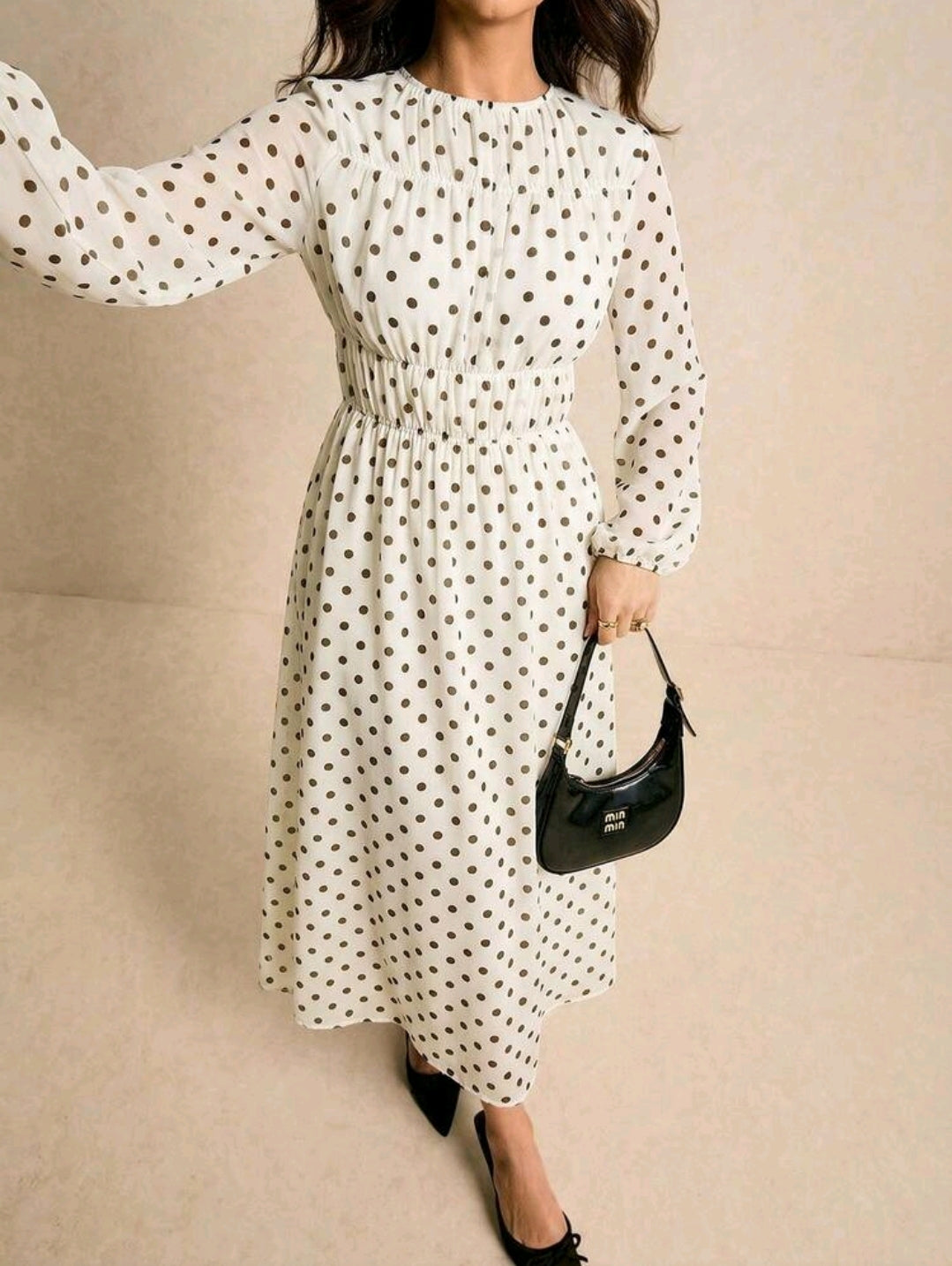 Poéselle Women's Polka Dot Print Round Neck Lantern Sleeve Ruched Long Dress, Brown Dress,Legant Dresses For Women,New Year Dress Women ,Casual Outfit For Women,Old Money Style, Suitable For Daily Wear, Going Out, Commuting,Fall/Winter