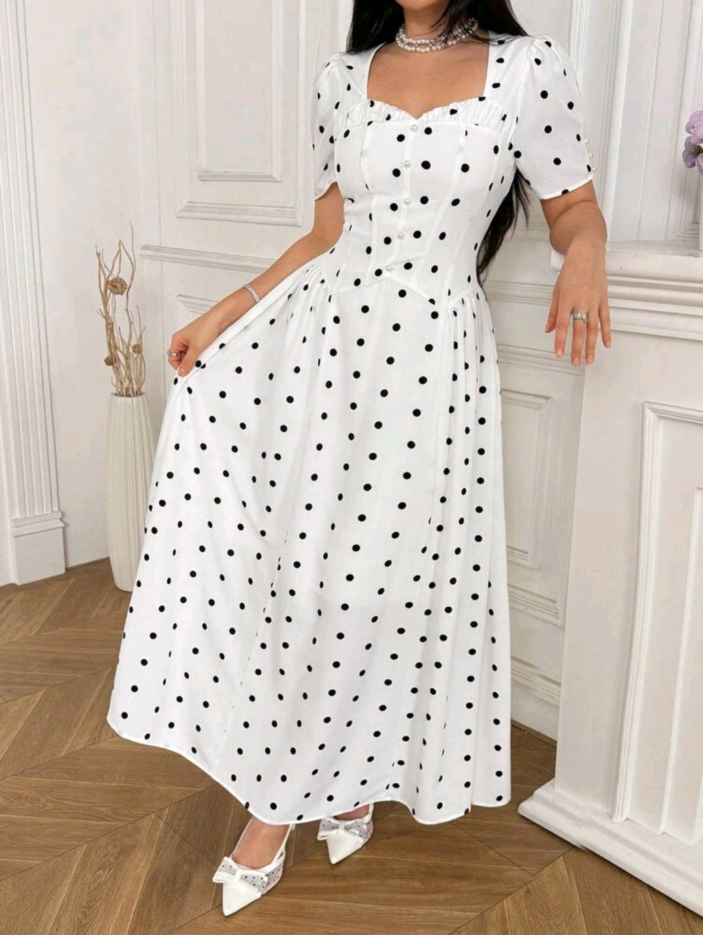 Modelyn Women's Elegant French White And Black Polka Dot Print Backless Long Dress, Summmer Tea Party