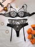 3pcs Women's Embroidered Floral Bow Bra Set, Sexy Playful Lingerie 2pcs, Comfortable Homewear Style Bra And Panty Set