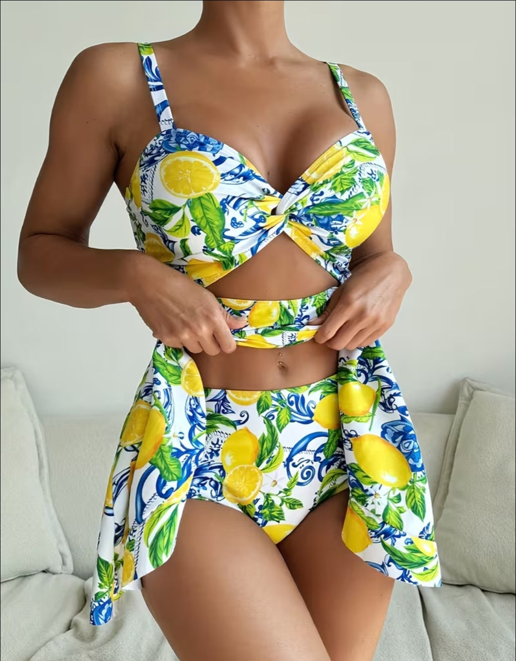 Women Fruit Lemon Print Spaghetti Strap Split Waist Hollow Splice Asymmetrical Hem Tankini & Skirt, Cute Casual Holiday Swimsuit tankini swimdress