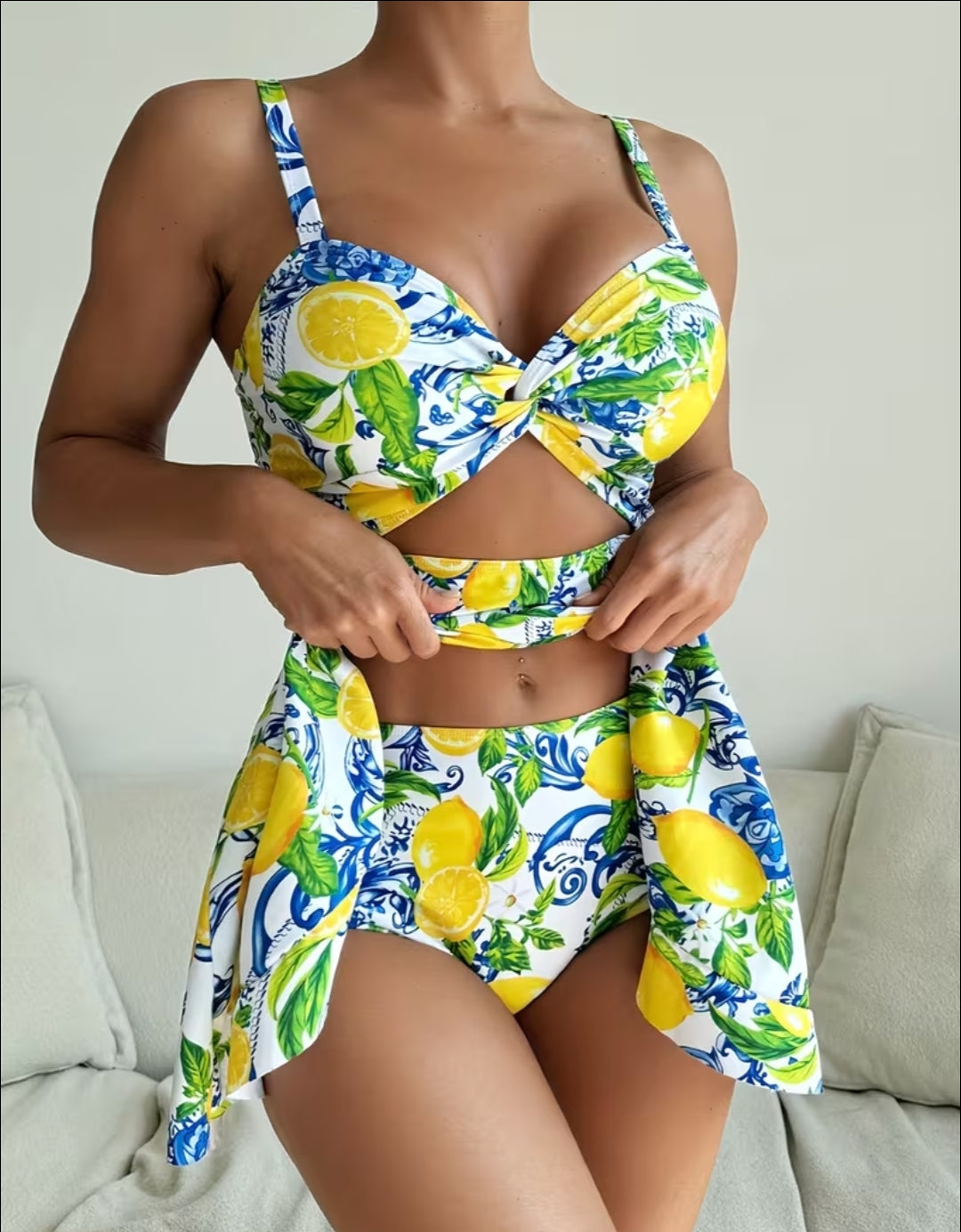 Women Fruit Lemon Print Spaghetti Strap Split Waist Hollow Splice Asymmetrical Hem Tankini & Skirt, Cute Casual Holiday Swimsuit tankini swimdress