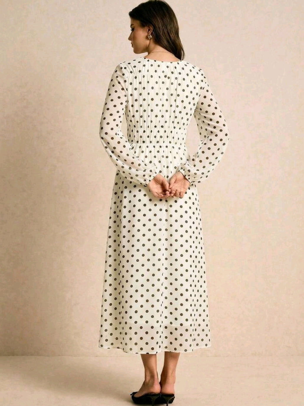 Poéselle Women's Polka Dot Print Round Neck Lantern Sleeve Ruched Long Dress, Brown Dress,Legant Dresses For Women,New Year Dress Women ,Casual Outfit For Women,Old Money Style, Suitable For Daily Wear, Going Out, Commuting,Fall/Winter