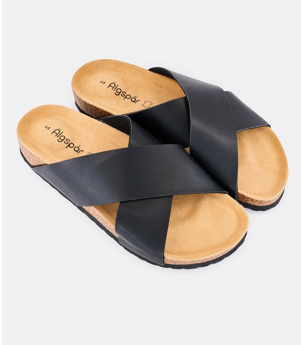 Algspar Men Leather Crisscross Slip On Sandals, Black