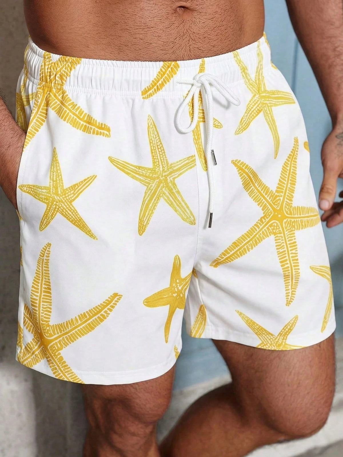 VIVINTIMO Men's Elastic Waist Drawstring Casual Starfish Print Beach Shorts, Summer Holiday / Vacation / Beach / Hawaii / Tropical / Swim /  Bathing