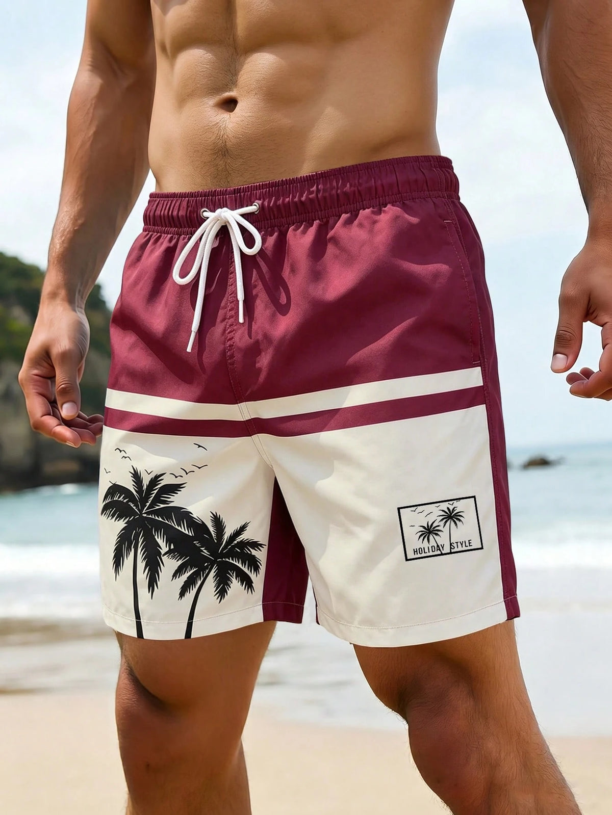 VIVINTIMO Men's Elastic Waist Drawstring Casual Starfish Print Beach Shorts, Summer Holiday / Vacation / Beach / Hawaii / Tropical / Swim /  Bathing