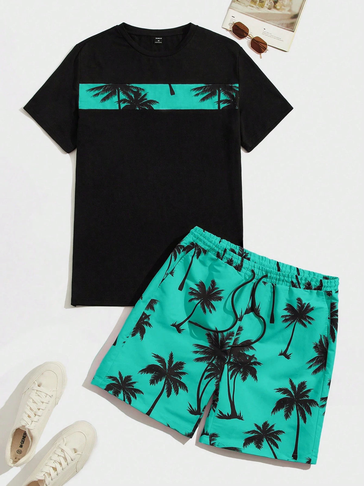 Manfinity VCAY Men's Tropical Print Colorblock Knitted T-Shirt And Drawstring Waist Shorts Set, Cozy Outfits
