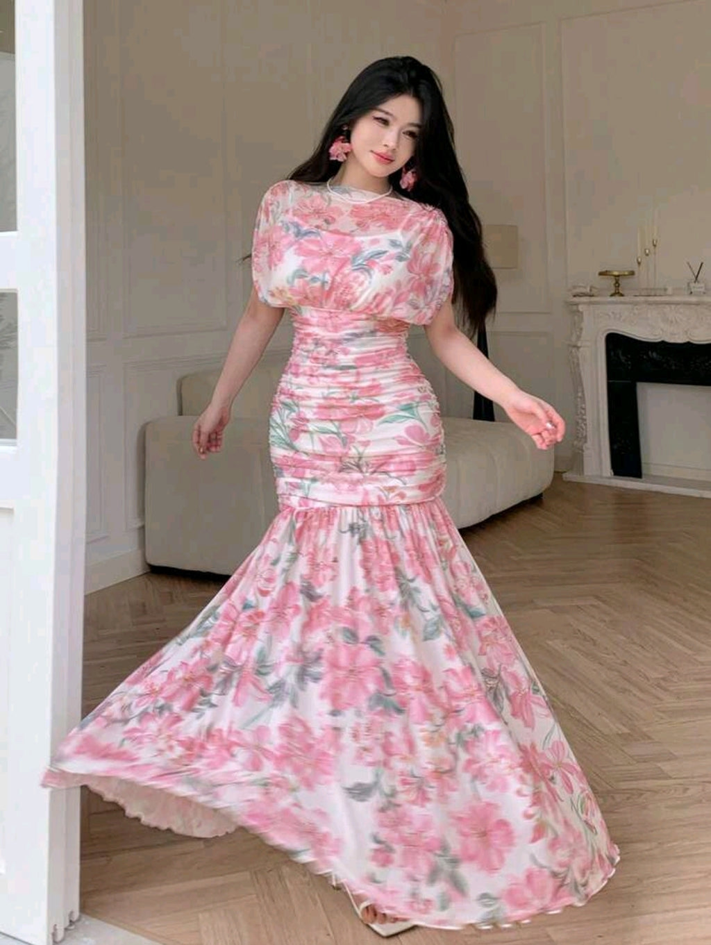 Modelyn Elegant Floral Print Chiffon Dress, Pleated Graceful High-End Fashion Summer Evening Gown For Women