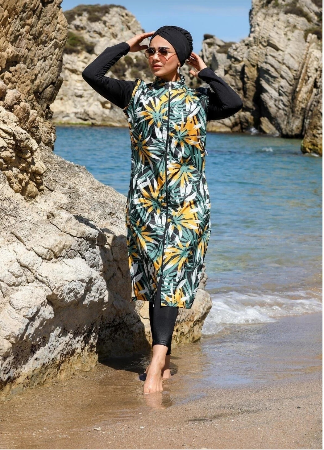 SEBOTEKS Tropical Pattern Long Jile Closed Hijab Swimsuit 2374